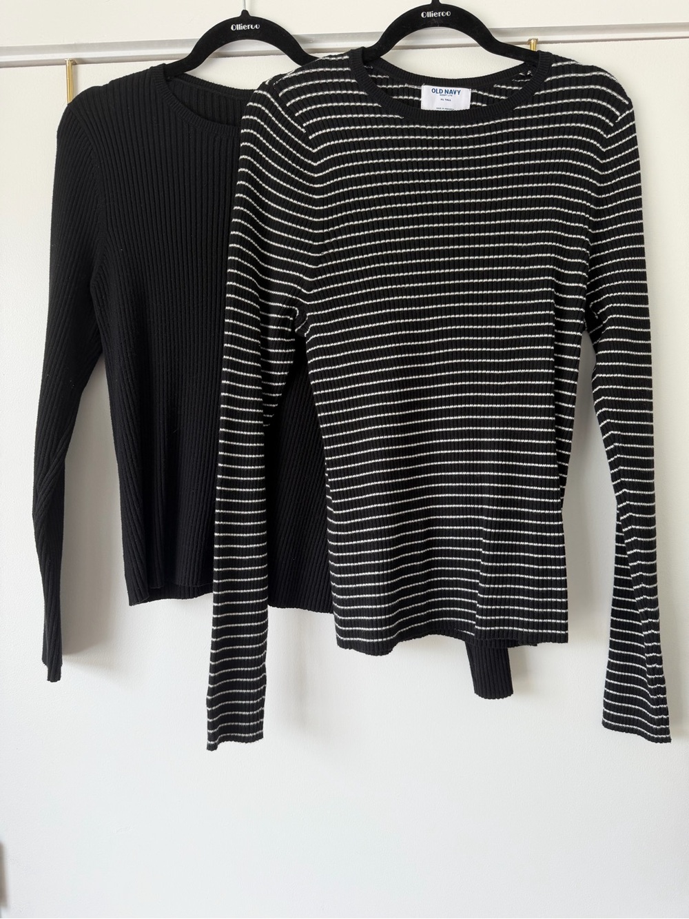 Old Navy Black Ribbed Crewneck & Black/White Striped Long Sleeve Tops - Set